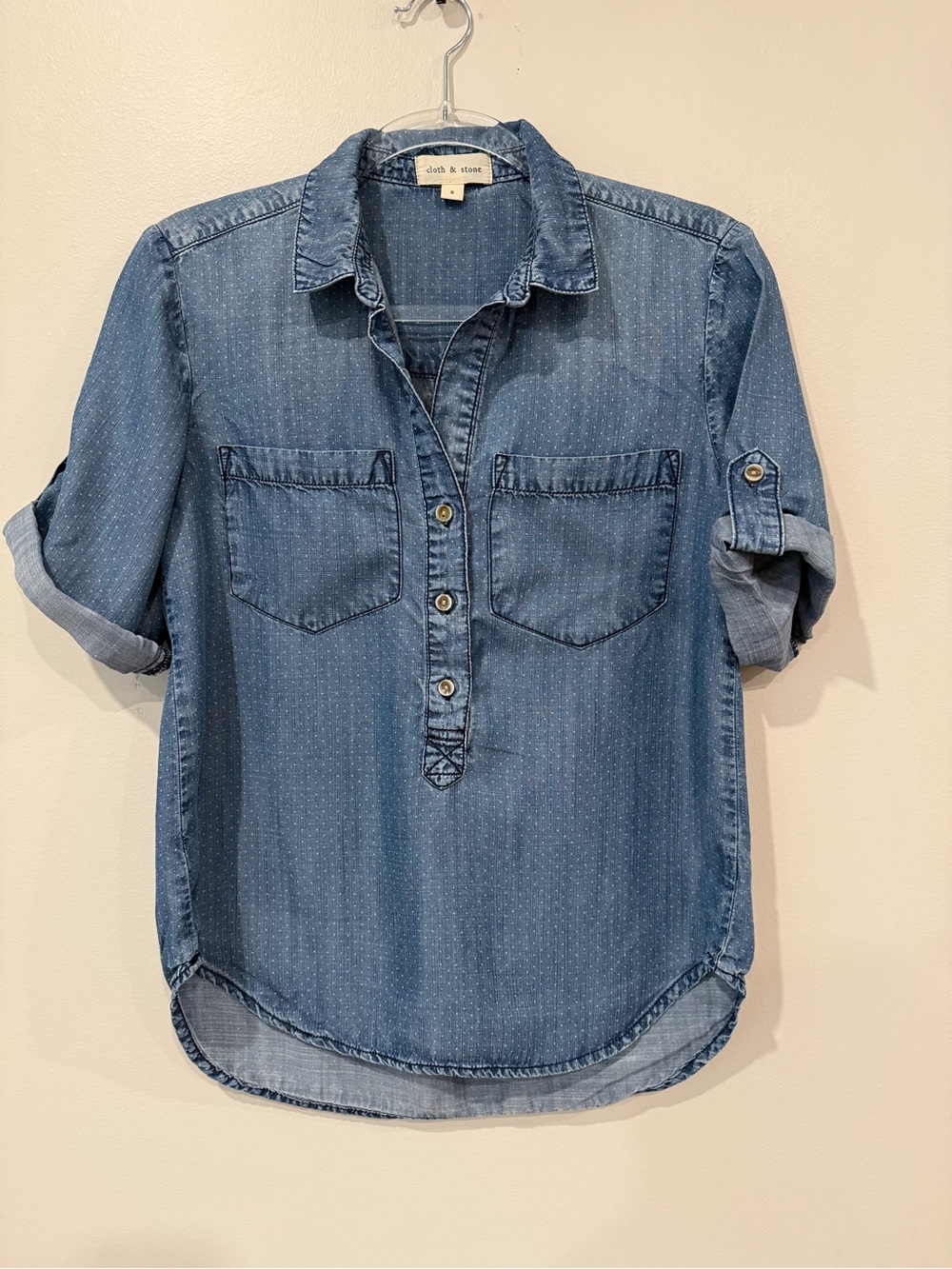 Cloth & Stone Tencel Polka Dot Roll-Tab Sleeve Chambray Popover Shirt S